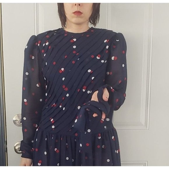 80s Blue Polka‎ Dot Drop Waist Dress - Picture 5 of 5